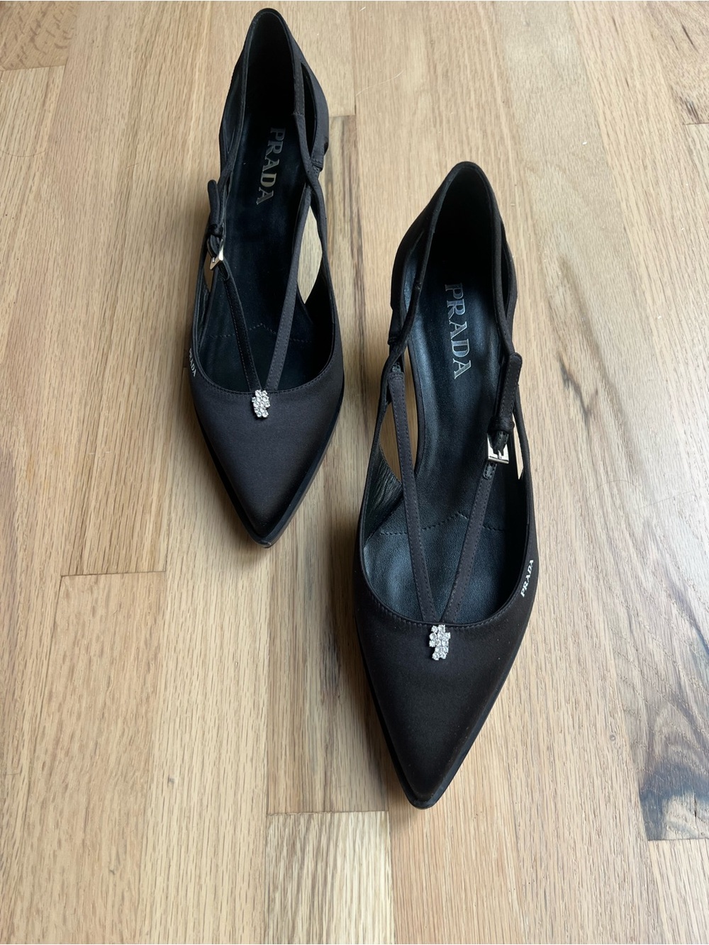 Prada Black Pointed Satin Slingback Pumps with Crystal Detail